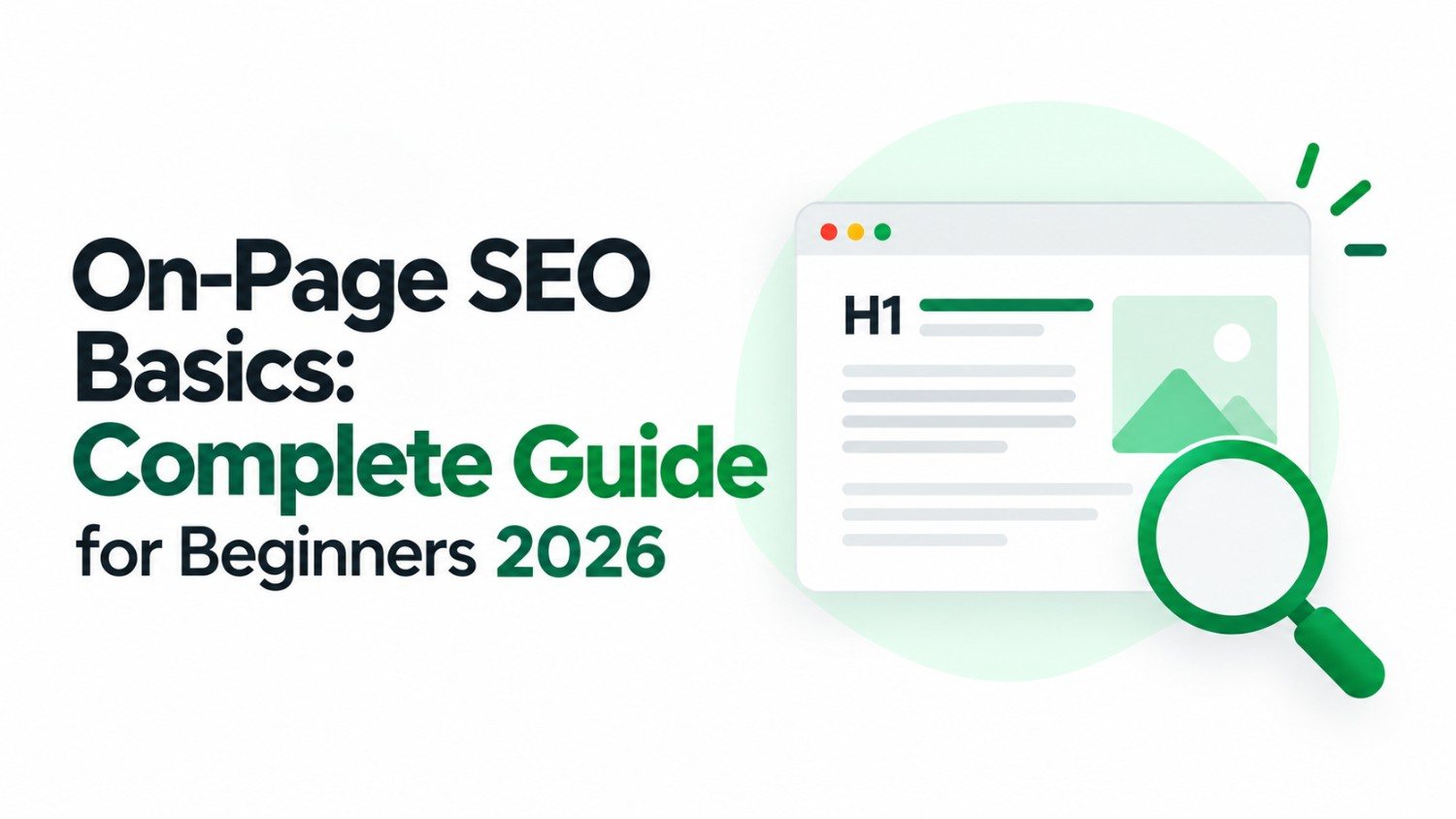 On-page SEO basics complete guide for beginners 2026 with a web page H1 heading under a magnifying glass