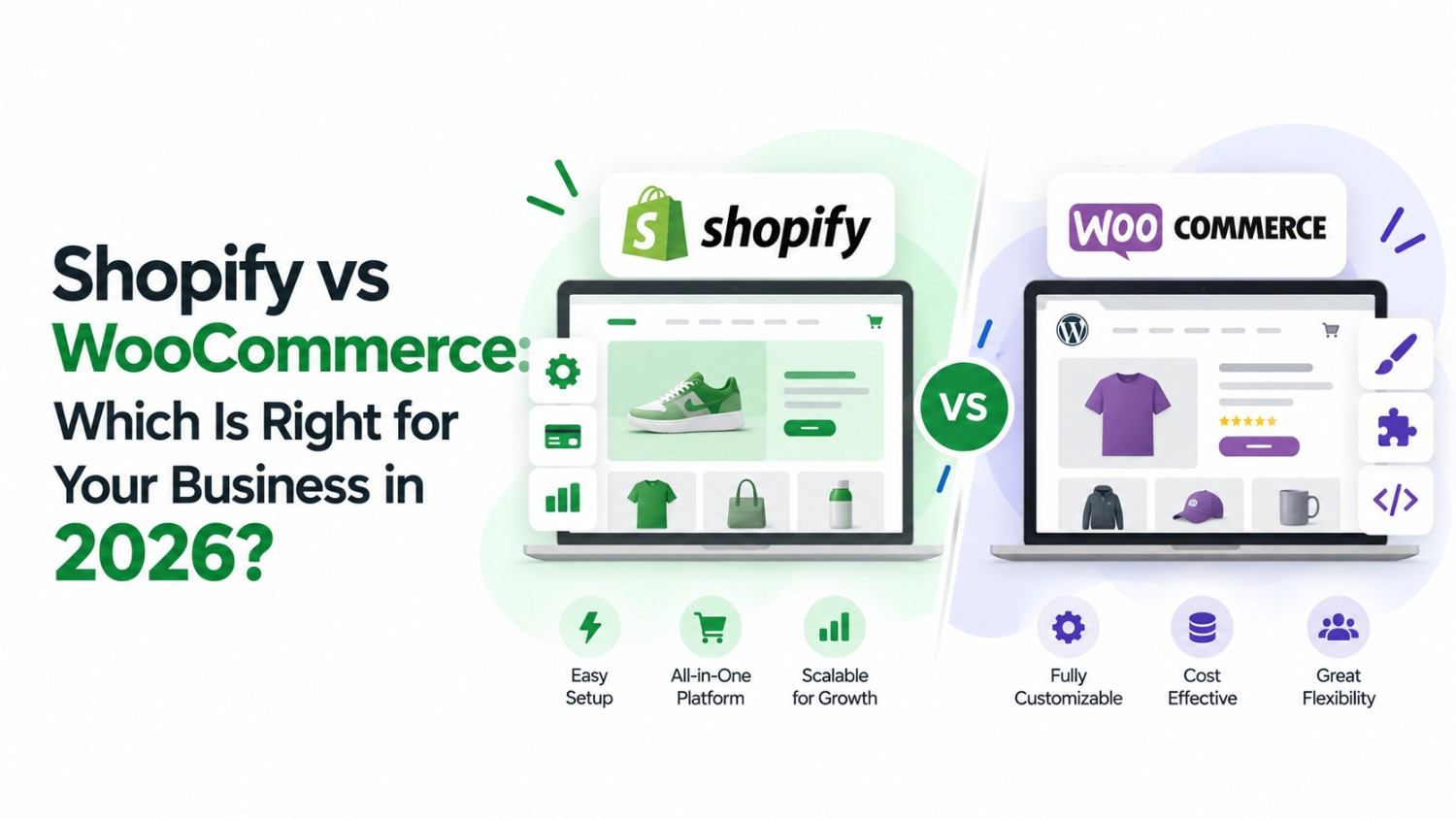Shopify vs WooCommerce comparison showing which ecommerce platform is right for your business in 2026