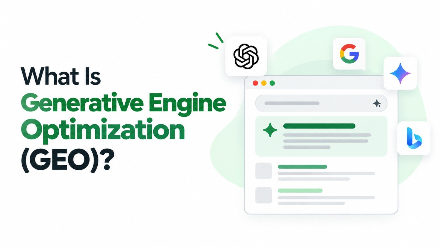 What is generative engine optimization (GEO), illustrated with an AI-generated answer and ChatGPT, Google, Gemini and Bing Copilot icons